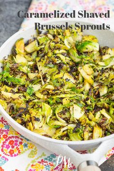 brussel sprouts with caramelized shaved brussels sprouts in a white bowl