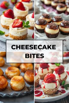 cheesecake bites with strawberries and other desserts in the bottom left corner are shown