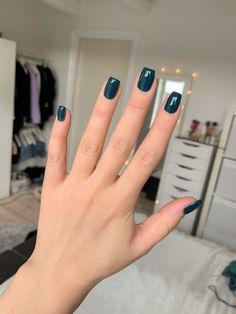 Gel Nail Designs Dark Colors, Teal Colour Nails, Dark Color Gel Nails, Dark Colour Acrylic Nails, Dark Teal Gel Nails, Green Or Blue Nails, Short Gel Nails Dark Colors, Forest Green Nails Acrylic Short, One Colour Gel Nails