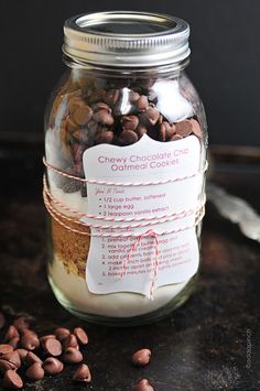 a glass jar filled with chocolate chips