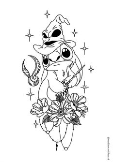 an ink drawing of a cartoon character holding flowers