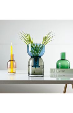 three vases with plants in them sitting on a table next to books and candles