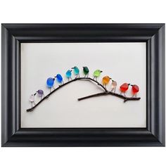 a group of colorful birds sitting on top of a branch in a black framed frame