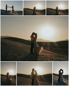 a bride and groom kissing in the desert at sunset