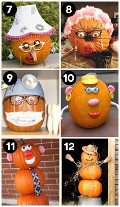 pumpkins with different faces and hats on them, all decorated in different ways to look like