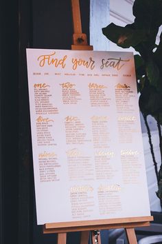 an easel with a seating chart on it next to a potted plant in front of a window