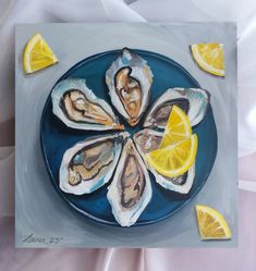 a painting of oysters on a blue plate with lemon slices