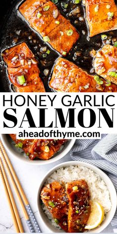 honey garlic salmon in a skillet with rice and chopsticks on the side