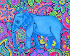 an elephant painted in bright colors on a colorful background with flowers and paisleys around it