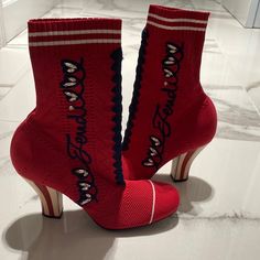 Never Worn But Has A Few Sticker Marks On The Bottoms Party Ankle-high Boots With Red Sole, Fendi Sock Boots, Womens Fendi Boots, Fendi Socks, Fitted Red Mid-calf Boots With High Heel, Elegant Red Ankle-high Boots, Sock Boots, Fendi Shoes, Shoes Heels Boots