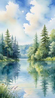 a painting of a lake with trees and clouds in the sky above it, painted on watercolor paper