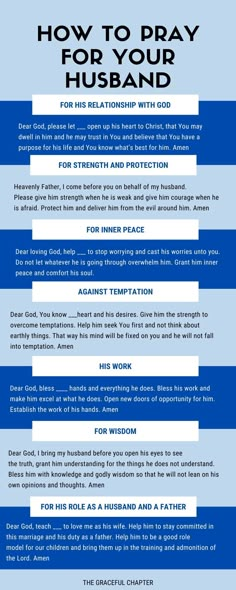 a blue and white poster with the words how to pray for your husband