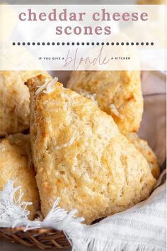 cheddar cheese scones in a basket with text overlay