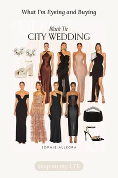 an advertisement for the black tie city wedding show featuring models in evening gowns and high heels