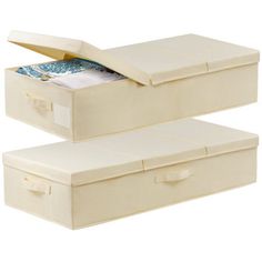 two white storage boxes with lids and handles on each side, one open and the other closed