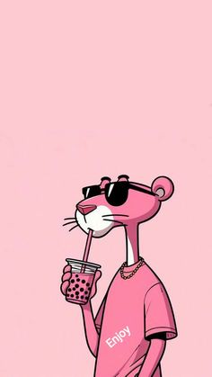 a cartoon character holding a drink and wearing sunglasses