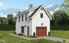 a two story white house with brown garage doors