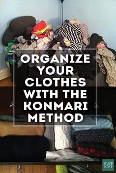 an open suitcase with clothes in it and the words organize your clothes with the konmari method