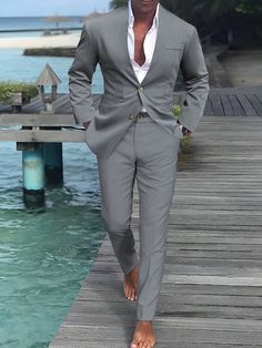 Dark Grey Work Collar   Plain  Embellished Non-Stretch All Men Clothing Linen Suit Men, Outfits Dr, Husky Man, Light Grey Suits, Traje Casual, Big Guys, Linen Suit, Professional Attire, Gray Suit