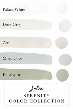 different shades of white paint with the words jolie's serenity color collection