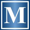 the m logo is shown on a blue and white background with silver letters in it