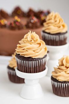 chocolate cupcakes with peanut butter frosting on a white cake stand next to a brown cake