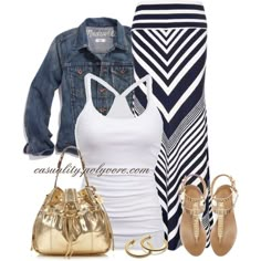 "Navy & White Chevron Maxi Skirt" by casuality on Polyvore (minus the gold bag) Dress Down Jeans Outfit, Chevron Maxi Skirts, Skirt Diy, Gold Purse, Maxi Rok, Maxi Skirt Outfits, Gold Bag, Gold Accessories, Stitch Fix Style