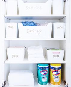 an organized pantry with white bins and cleaning products