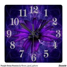 a purple clock with white numbers and a flower in the middle on a blue background