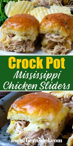 the crock pot mississippi chicken sliders are cut in half and stacked on top of each other