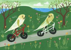 two birds are riding bikes on the road near trees and flowers, with one bird sitting on the bike's handlebars