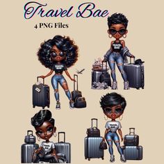 Travel Clipart, Girls Clips, Chibi Girl, Afro Girl, Art Bundle, Art Stickers, Passport Cover, Travel Journal, Girls Trip