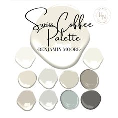 some white and gray paint colors with the words swiss coffee palette