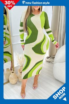 Casual Print Basic O Neck Long Sleeve Dresses Trendy Green Bodycon Midi Dress, Green Bodycon Midi Dress For Fall, Trendy Multicolor Winter Dresses, Casual Multicolor Midi Dress For Winter, Trendy Long Sleeve Midi Dress For Day Out, Trendy Green Knee-length Midi Dress, Trendy Green Winter Dress, Trendy Bodycon Midi Dress, Trendy Green Fall Dress