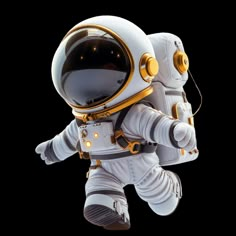 an astronaut is flying through the air in his space suit and helmet, with one foot on