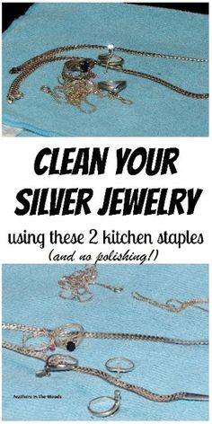 two pictures with the words clean your silver jewelry using these 2 kitchen staples and no polishing