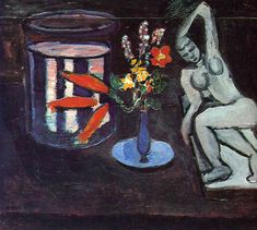 a painting of a woman sitting next to a vase with flowers in it and a fish bowl