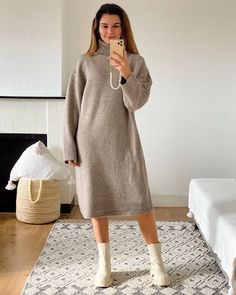 Our Turtleneck Knit Dress Fawn is a timeless blend of elegance and comfort. Made with care, this dress exudes understated sophistication, perfect for both casual and formal occasions. Its soft fabric embraces you in warmth, while the classic turtleneck design adds a touch of timeless style. Whether you are strolling through fallen leaves or attending a cozy dinner, this knit dress ensures you stay chic and cozy. Elevate your wardrobe with this versatile piece, where style meets comfort effortles Knitted Dress Outfit, Beaded Dress Long, Beige Boots, Neutral Style, Timeless Wardrobe, Special Clothes, Cozy Season, Turtleneck Sweater Dress, Neutral Fashion