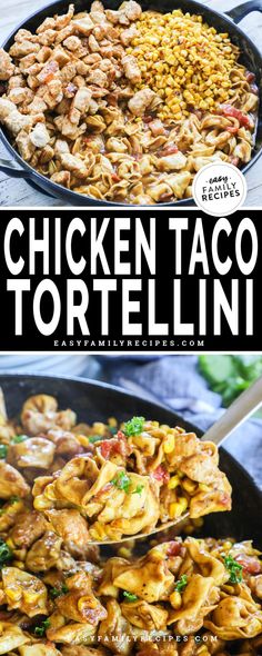 chicken taco tortilla in a cast iron skillet with text overlay