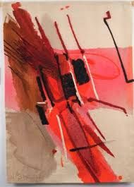 an abstract painting with red and black lines on it's side, in front of a white background