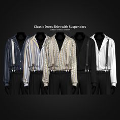 an assortment of men's dress shirts with suspenders