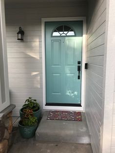 a blue front door with two planters on the steps and a light fixture above it