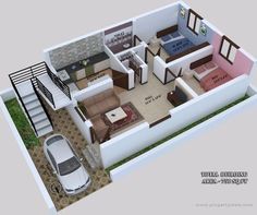 this is a 3d view of a house with the living room and bedroom in it