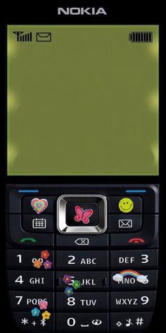 an old nokia cell phone with colorful stickers on the front and back buttons,