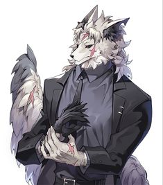 a wolf in a suit and tie with his hands on his chest, holding an animal's paw