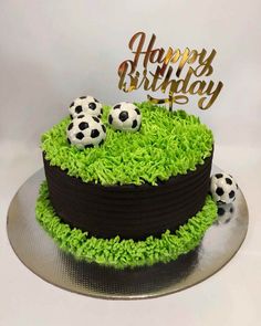 a birthday cake with soccer balls on top