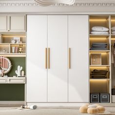 a bedroom with white closets and green walls