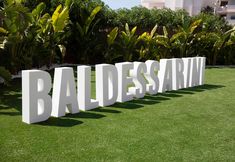 the word baldessarin is spelled in white letters on green grass next to trees