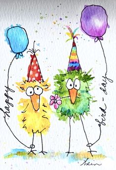 two birds wearing party hats and holding balloons