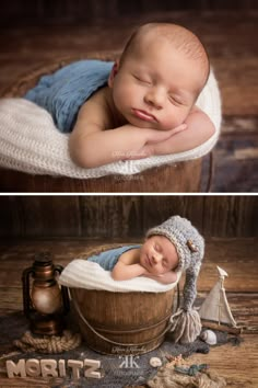 a newborn baby sleeping in a wooden bucket